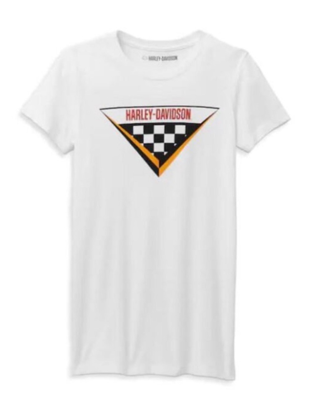 Harley-Davidson White Tee with Black and Orange Checkered Triangle
